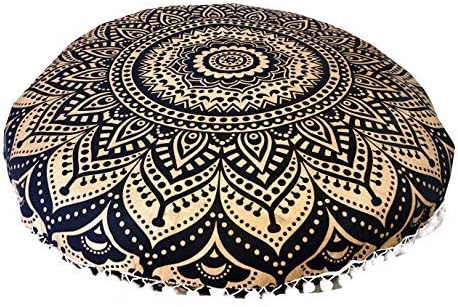 32" Gold Mandala Barmeri Large Floor Pillow Cover Cushion Meditation Seating Ottoman Throw Cover Hippie Decorative Zipped Bohemian Pouf Ottoman Poufs, Pom Pom Pillow Cases (Gold Black, 32 inch Round)