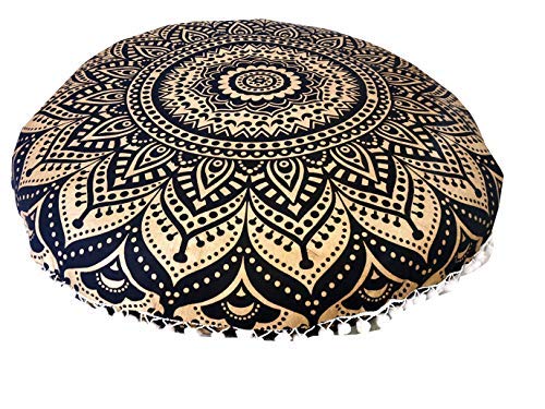 32" Gold Mandala Barmeri Large Floor Pillow Cover Cushion Meditation Seating Ottoman Throw Cover Hippie Decorative Zipped Bohemian Pouf Ottoman Poufs, Pom Pom Pillow Cases (Gold Black, 32 inch Round) - color: Gold Black, size: 32" Round