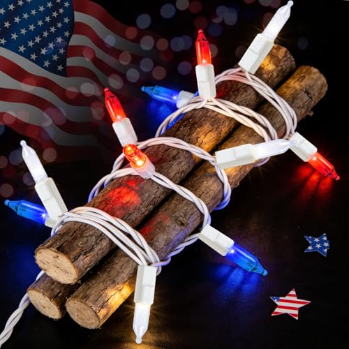 Couah 2 Pack 100 LED 38.4FT Red White and Blue Lights Battery Operated, Patriotic 4th of July Lights 8 Modes-Timer Indoor Outdoor Party Patriotic Memorial Day Independence 4th of July Decorations - size: 34.8FT-Red White Blue