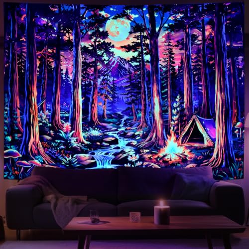 Racunbula Blacklight Fantasy Forest Tapestry UV Reactive Galaxy Space Moon Tapestry Trippy Pine Trees Wall Tapestries Nature Landscape Mountain River Tapestries Wall Hanging for Bedroom - color: Forest Tree, size: 78.7"L x 59.1"W