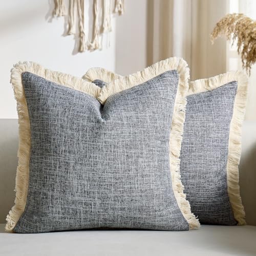 Farmhouse Throw Pillow Covers Fringe Pillow Cases 18x18 Inch Set of 2 Dark Grey Linen Burlap Boho Pillow Cover with Tassels Rustic Woven Textured Cushion Cases for Sofa Bed Living Room Home Decor - color: Dark Grey, size: 18" x 18" (Pack of 2)