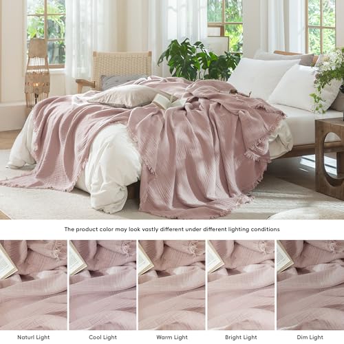 MooMee Muslin Blanket - 100% Cotton 4-Layer Gauze Throw Blanket with All-Around Fringe, Soft Breathable Lightweight Cooling Summer Blankets for Bed Couch(Greyish Pink,Throw XL 50" x 70") - color: Greyish Pink, size: Throw XL