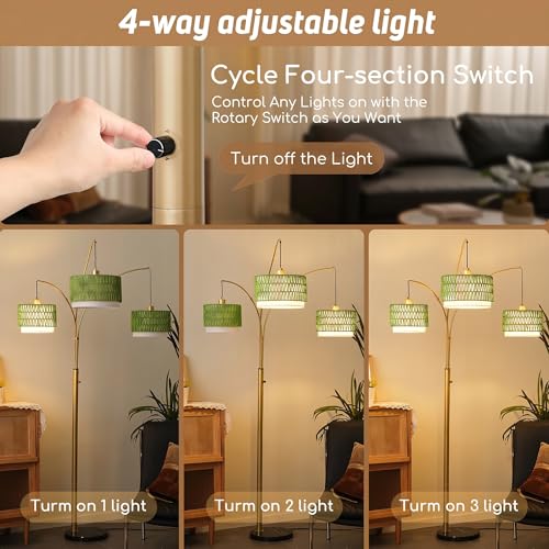 Gold Rattan Floor Lamp for Living Room, 80 Inch Tall Boho Floor Lamp with Rotary Switch, 3 Lights Arc Lamp with Green Wicker Shade for Coastal,Bohemian,Tree Farmhouse Standing Lamp - color: Green+Gold