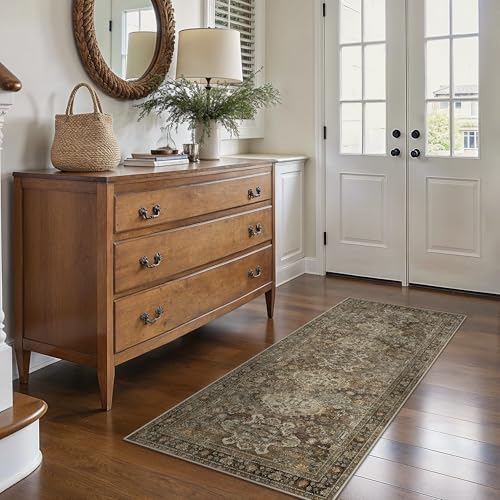 Bavni 2x5 Runner Rug, Non Slip Washable Runner Rug, Vintage Brown Hallway Rug Runner, Ultra Thin Low Pile Carpet Runner for Kitchen Bathroom Entryway Bedroom, Brown - color: Brown, size: 2' x 5' (Rectangular)