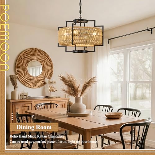 20" Boho Woven Chandeliers 4-Light Hand Rattan Ceiling Pendant Light Fixture Farmhouse Hanging Lighting for Kitchen,Bedroom, Dining Room, Hallway, Entryway, E26 - size: Lantern-20''-V