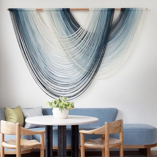 Macrame Wall Hanging Large Boho Wall Decor Navy Blue Ombre Fiber Wall Art Handmade Woven Wall Hanging for Living Room Bedroom Apartment Dorm Modern Bohemian Wall Decor 57" W x 39" L - color: Navy Blue