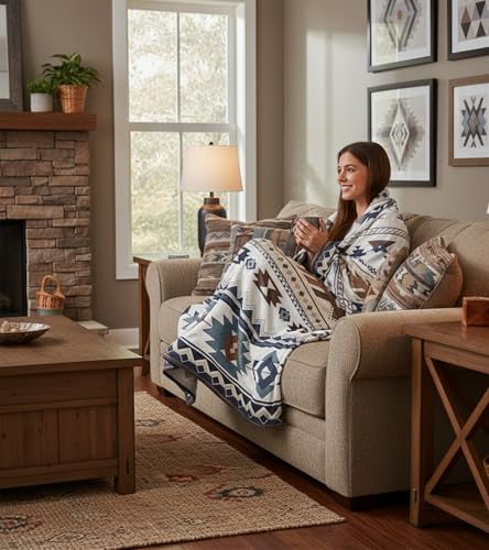 Aipon Boho Aztec Throw Blanket 50"x 60", Western Indian Native American Blanket Southwestern Decor, White Brown Soft Cozy Lightweight Throws Blankets Gifts for Women Men Couch Bed Sofa Chair - color: White Brown, size: 50.00'' × 60.00''