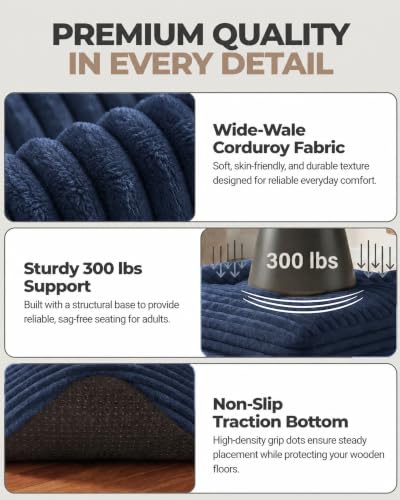 23.6in Pouf Ottoman, Corduroy Ottoman Foot Rest with Dual‑Layer Support, Large Poofy Pouf with Soft Chunk‑Foam Top & Firm Foam Base, Floor Foot Stool for Living Room, Blue - color: Blue