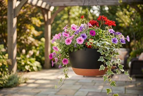 Hanging Planters, 3-Pack 10 Inch Self-Watering Pots with Drainage Holes and Chains, Matte Plastic Planters for Indoor/Outdoor Plant（Black Brown） - color: Black Brown, size: 10 inches