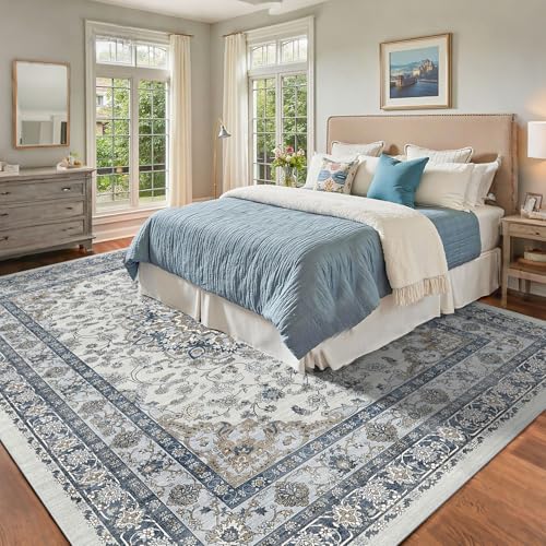 Farmhouse Living Room Rug 8x10, Distressed Washable Area Rug for Bedroom, Dining Room Under Table - Vintage Low Pile & Non-Slip Carpet, Soft Cozy Stain Resistant Accent Mat(Blue & Brown) - color: Blue / Grey / Brown, size: 8' x 10' (Rectangular)