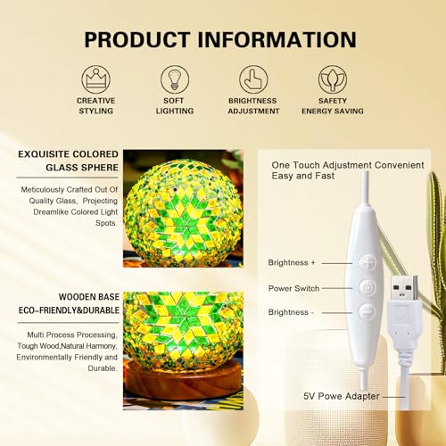 Table Lamp Turkish Mosaic Glass Night Light Bohemian Spherical Decorative Lamp for Dining Room Ambient Lighting Thanksgiving Party Living Room Decor Unique Home Gift (Boho-Green, Boho)4.72"*5.31" - style: Retro