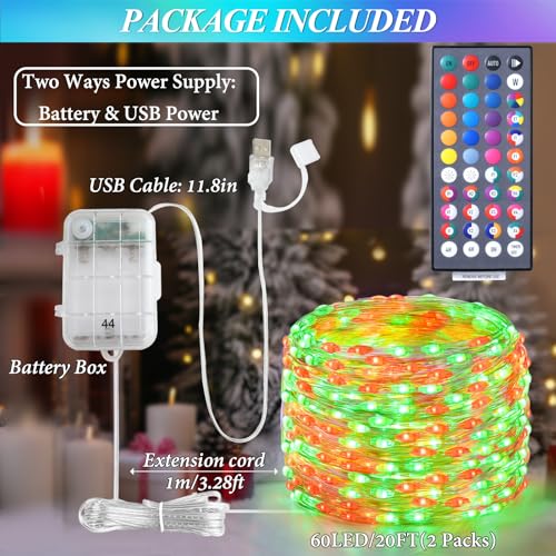 Lovelite Fairy Lights 34 Colors Changing, 2 Pack Total 40FT 120LED 4th of July String Lights Battery USB Operated, Waterproof Twinkle Lights with Remote for Holiday Wedding Party Indoor Outdoor - size: 2 Pack 60LED/40FT (Battery+USB)