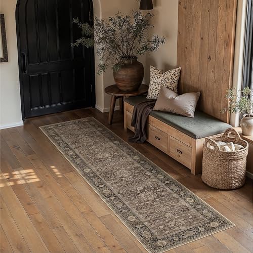 HUGEAR Brown Washable 2x8 Runner Rugs for Hallway Entryway Vintage Distressed Neutral Rug Carpet Durable Soft Non Slip & Shedding Stain Resistant Low Pile Indoor Home Decor - color: Retro | Brown, size: 2' x 8' (Runner)
