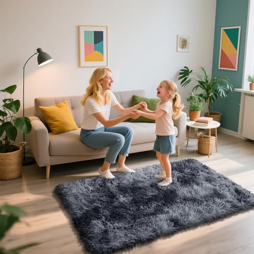 Shag Area Rug for Bedroom 3x5,Tie-Dyed Black Fluffy Area Rugs for Living Room,Soft Fuzzy Rug Non-Shedding Indoor Plush Carpet for Kids Bedroom Nursery Dorm Home Decor - color: Mottling Black, size: 3' x 5' (Rectangular)