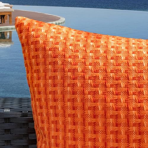 Kevin Textile Fall Outdoor Waterproof Throw Pillow Covers Pack of 2 Weaving Texture Water Resistant Outside Decorative Cushion Covers for Garden Patio Tent Balcony Bench Couch Sofa 16x16 Inch, Orange - color: Orange, size: 16" x 16" (Pack of 2)