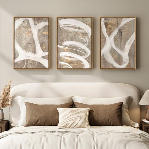 Framed Neutral Abstract Wall Art for Bedroom, 3 Piece Modern Canvas Prints Paintings Artwork for Walls, Minimalist Beige White Taupe Pictures for Living Room Dining Hallway Office Wall Decor 16x24 In - color: Neutral Taupe, size: 16" W x 24" H x 3pcs