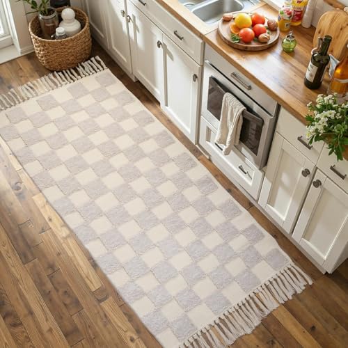 Boho Bathroom Rugs with Tassels Beige Checkered Runners for Hallways Cotton Tufted Rug Mat 2'x6' - color: Checkered Cream, size: Runner(2'x6')