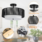 SineRise 16'' Rattan Flush Mount Ceiling Light Fixture,2-Tier Drum Hand-Woven Boho Flush Mount Ceiling Light,Farmhouse Light Fixture for Living Room,Kitchen,Bedroom Foyer Entryway ect.（Black） - color: Black, size: Large Ceiling