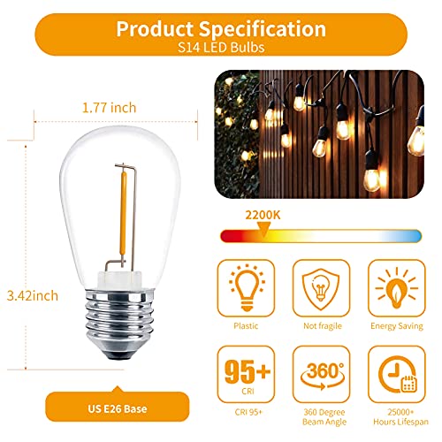 Meconard 24 Pack LED S14 Replacement Light Bulbs, Shatterproof Outdoor 1 Watt to Replace 11Watts String Incandescent Bulb, E26 Regular Medium Screw Base, 2200K Warm White, Non-Dimmable - color: Warm White, size: 24 Count (Pack of 1)