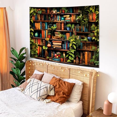 Accnicc Botanical Bookshelf Tapestry Lush Green Plant Book Shelf Tapestries Wall Hanging Art Vintage Retro Potted Plants Academics Small Library Tapestry for Bedroom Living Room Dorm 60 x 44 inch - color: Green, size: 60"L x 44"W