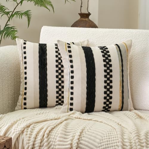 Aeckself Boho Throw Pillow Covers 18x18 Inch Set of 2, Farmhouse Decorative Striped Square Pillow Covers Chenille Tufted Pillow Cases Accent Neutral Pillowcase for Living Room Couch Bed, Black - color: Black