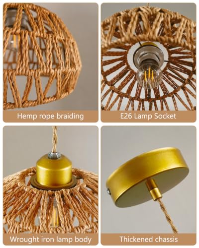 Rattan Pendant Light Fixtures, 9.8” Boho Woven Basket Pendant Light, Handmade Wicker Hanging Lamp, Rustic Wicker Chandelier for Kitchen Island, Dining Room, Living Room, Bedroom, E26 Base - color: 9.84″-Round