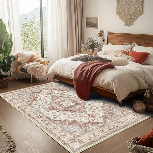 Area Rug for Living Room 3x5,Large Machine Washable Vintage Oriental Soft Carpet, Low Pile Thin Floor Area Rugs with Non Slip Backing for Office Door Mat Kitchen Bathroom Indoor Dorm Dining Room - color: Red, size: 3x5