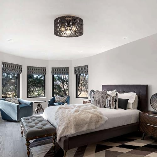 Rattan Ceiling Light Fixture, 3-Light Bohemian Modern Woven Ceiling Light, Black Boho Flush Mount Ceiling Light for Bedroom Living Room Dining Room, Bulb Not Included - color: Black, size: 3-Light-Round