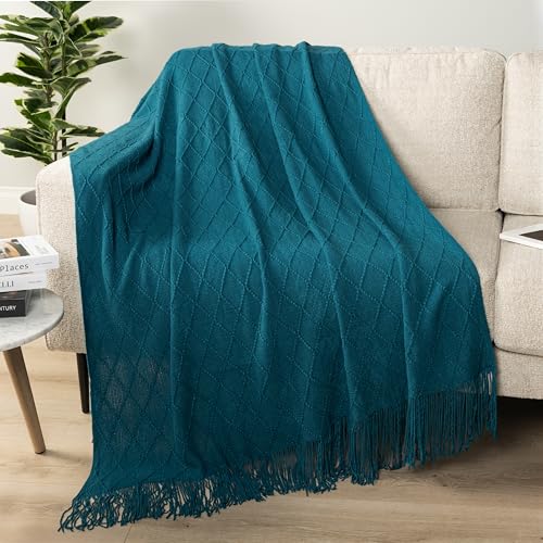 PAVILIA Teal Blue Knit Throw Blanket for Couch Bed, Soft Knitted Farmhouse Sofa Throw for Living Room, Lightweight Decorative Summer Throw Blanket for Chair, Outdoor Textured Boho Blanket, 50x60 - color: Teal Blue, size: 50 X 60 Inches - Throw