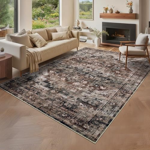 GarveeHome 8x10 Washable Rugs for Living Room Vintage Distressed Print Area Rug Non-Slip Large Bedroom Rug Low Pile Stain Resistant Dining Room Carpet Brown - color: Brown, size: 8' x 10' (Rectangular)