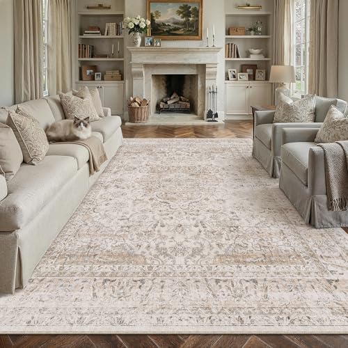 8x10 Washable Area Rug Beige Vintage Non Slip Soft Low Pile Rug for Living Room Bedroom Dining Room Office Distressed Oriental Indoor Large Throw Carpet for Home Decor - color: Light Beige, size: 8' x 10' (Rectangular)