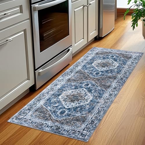 KOZYFLY Runners for Hallways 2x5 Ft Washable Kitchen Runner Rug Boho Runner Rug for Entryway Indoor Blue Printed Oriental Faux Wool Floor Carpet Runner for Laundry Room Kitchen Hall - color: Blue/Brown/White, size: 2' x 5' (Runner)
