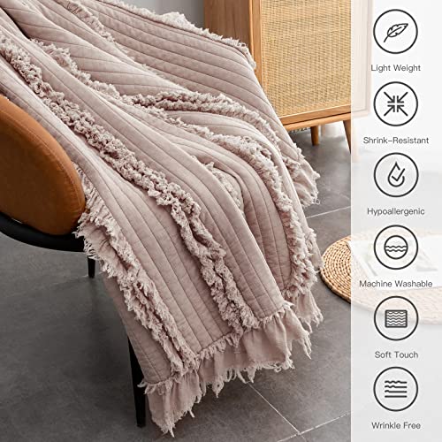 Ultra Soft Pre-Washed Quilted Throw Blanket, Ruffle Fringed Dusty Rose Pink Decorative Throw, Stone Washed Chic Rustic Blanket for Sofa Couch Bed Chair, 50"x 60" - color: Dusty Rose, size: 50"x60"