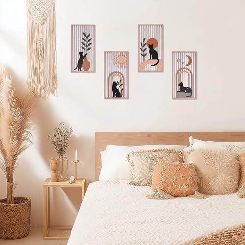 suruim Black Cat Wall Art Set of 4, Cat Wall Decor & Black Cat Decor, Mid-Century 3D Wooden Cat Art Wall Decor for Bedroom Living Room Office Boho Home Decor - color: A