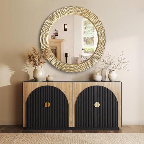 WAMIRRO Gold Round Wood Mirror, 36 Inch Hand Carved Solid Wood Frame Circle Mirror for Wall Mount, Farmhouse Boho Decor for Living Room, Bathroom, Bedroom, Hallway & Entryway - size: 36"L x 36"W