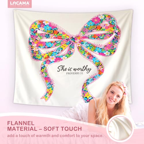 Lacama Coquette Bow Christian Tapestry, Cute She is Worthy Flower Tapestry Decorative for Teen Girls Room Bedroom College Dorm Apartment, College Dorm Decor, 50x60 Inches - color: She is worthy