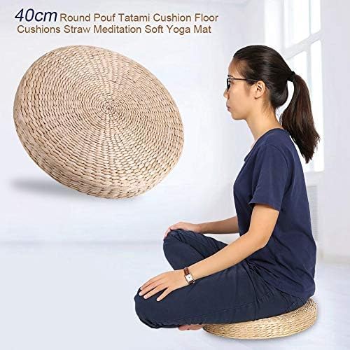 Meditation Pillow,Tatami,Floor Cushion,Floor Pillow,15.7inch / 40cm Dia Straw Floor Seat Cushion for Deep Thought Leisure Round Shape Soft Pouf Light Yellow Knitted Tatami Cushion