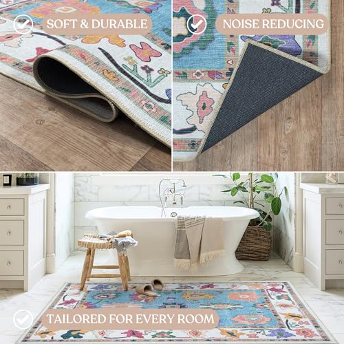 Fame Living Colorful Oushak Rug, Modern, Vintage, Turkish, Eclectic, Floral, Pastel, Washable, Area Rugs for Living Room, Dining, Bedroom, Office, Entryway, Foyer, Playroom, Nursery, 5'x6'9" - color: Navy Cream, size: 5' x 6'11" (Rectangular)