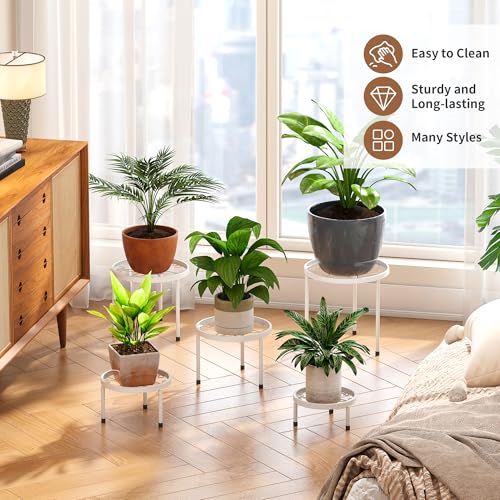 Plant Stand Indoor Outdoor 5 Pack Heavy Duty Metal Stand Multiple Plants, Anti-Rust Iron Flower Pot Stand Decoration Racks Plant Pot Shelf for Living Room Garden Balcony (White) - color: White