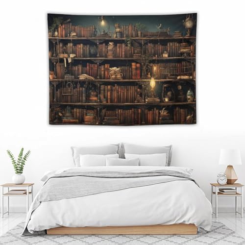 Houselerax Vintage Bookshelf Tapestry Library Wall Hanging Tapestries,Old Books on Shelf Classical Study Room Student Study College Dorm Bedroom Living Room 60"x40" - color: Bookshelf-5, size: W60xL40in