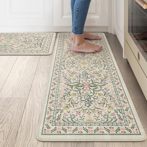 Collive Anti Fatigue Mat for Kitchen Floor, Spring Floral Kitchen Mats for Floor Set of 2, Beige Cushioned Waterproof Sink Rugs Non Slip Comfort Standing Rug for Office, Laundry, Desk - color: Beige, size: 17.3"x47"+17.3"x29"