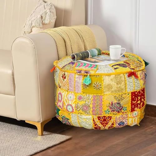 Bohemian Indian Patchwork Ottoman Pouf Cover – 18"x13" inch Round Cotton Embroidered Footstool Pillow – Vintage Ethnic Decor, Yellow (Cover Only) - color: Yellow, size: 18"D x 18"W x 13"H
