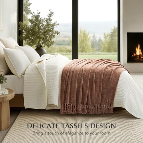 EverGrace Soft Chenille Throw Blanket for Couch, Cozy Plush Fuzzy Decorative Chenille Knit Throw Blanket with Tassels, Lightweight Blanket and Throws for Bed Sofa Gift Home Decor, Clay 50"x60" - color: Clay, size: 50"x60"