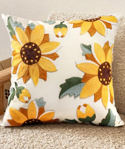 Embroidered Throw Pillow Cover - 18x18 Decorative Pillow Cover with Zipper Aesthetic Cute Design Boho Spring Summer Throw Pillowcase for Living Room Couch Sofa Bed, Sunflower - color: Sunflower, size: 18" x 18" (Pack of 1)
