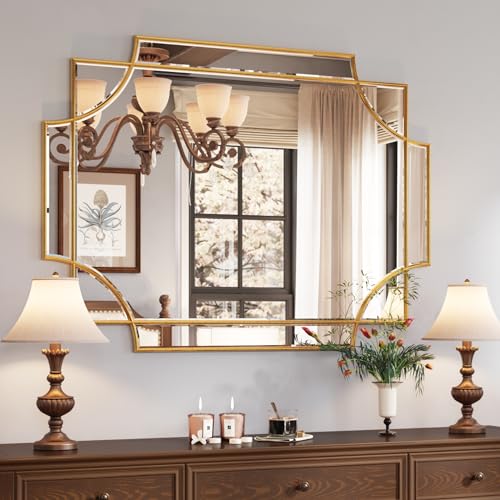 Kelly Miller Large Gold Decorative Mirror for Wall, 30"x40" Gold Bathroom Mirror Rectangle Vanity Wall Mirror Beveled for Master Bath Half Bath Living Room Bedroom Farmhouse Fireplace Hallway - size: 40"L x 29.2"W