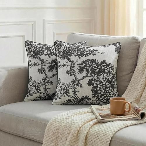 Mantle & Mason Floral 20x20 Throw Pillow Covers Set of 2, French Vintage Woven Jacquard Decorative Accent Pillow Cases for Couch, 430GSM Thick Chenille & Luxury Velvet, Black - color: Tree Pattern Black, size: 20" x 20" (Pack of 2)