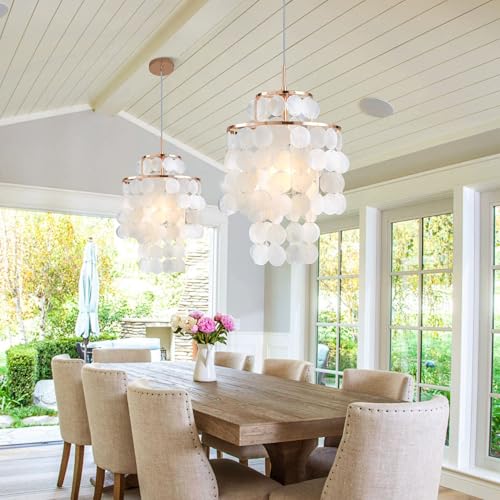 Mini Chandelier Capiz Shell Dinning Room Chandeliers 11" Ceiling Light Polished Gold Finish Flush Mount Mordern Pendant Light for Kitchen,Living Room,Bathroom,Bedroom,Dimmable Led Bulb Included - size: 11 inch mini