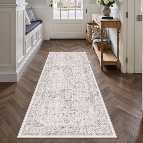 PureCozy Gray Entryway Runner Rug 2x4 Door Mat Machine Washable Kitchen Carpet Vintage Distressed Non Slip Indoor Grey Retro Floral Accent Throw Small Rug for Bathroom Office Bedroom Dining Room - color: Accent | Grey, size: 2' x 4' (Runner)