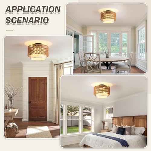 Somniferous Rattan Ceiling Light Fixture, Boho Flush Mount Ceiling Light with Double Drum Shade, Farmhouse Woven Light Fixture for Bedroom, Living Room, Kitchen, Hallway, Entryway, 12.6”, E26 Base