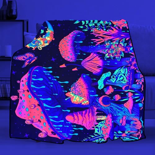 Blacklight Mushroom Throw Blankets Glow in the Dark Black Light Plant Throw Fantasy UV Reactive Mushroom Butterfly Moon Blanket Cute Throw for Bedroom Dorm Decor 59”x51” - color: Bl Mushroom Sky